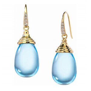 brand new Syna Blue Topaz 18K Yellow Gold Drop Earrings with Diamonds